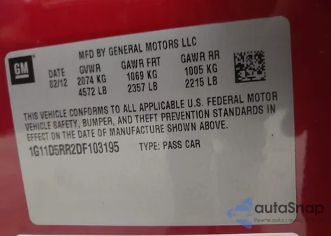 2013 Chevrolet Malibu Eco z USA, uszkodzony, nr VIN 1G11D5RR2DF103195